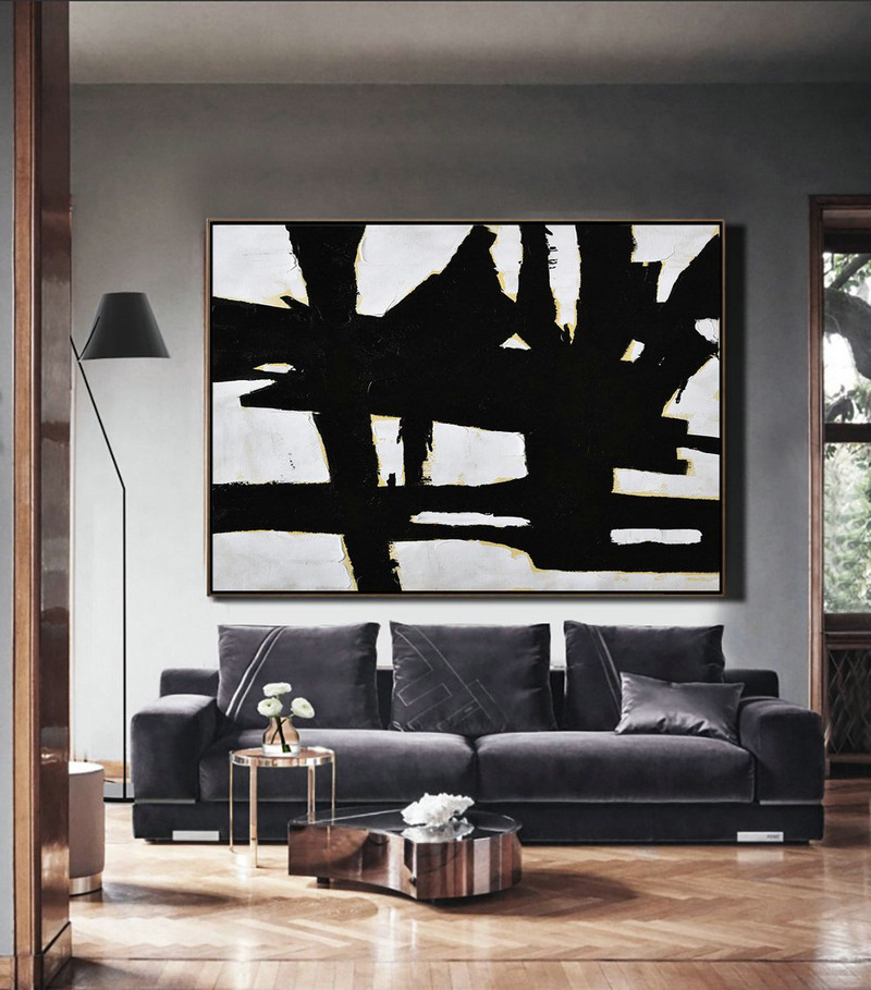 Large Abstract Art Handmade Acrylic Painting,Horizontal Palette Knife Minimal Canvas Art Painting Black White Beige - Hand Painted Acrylic Painting